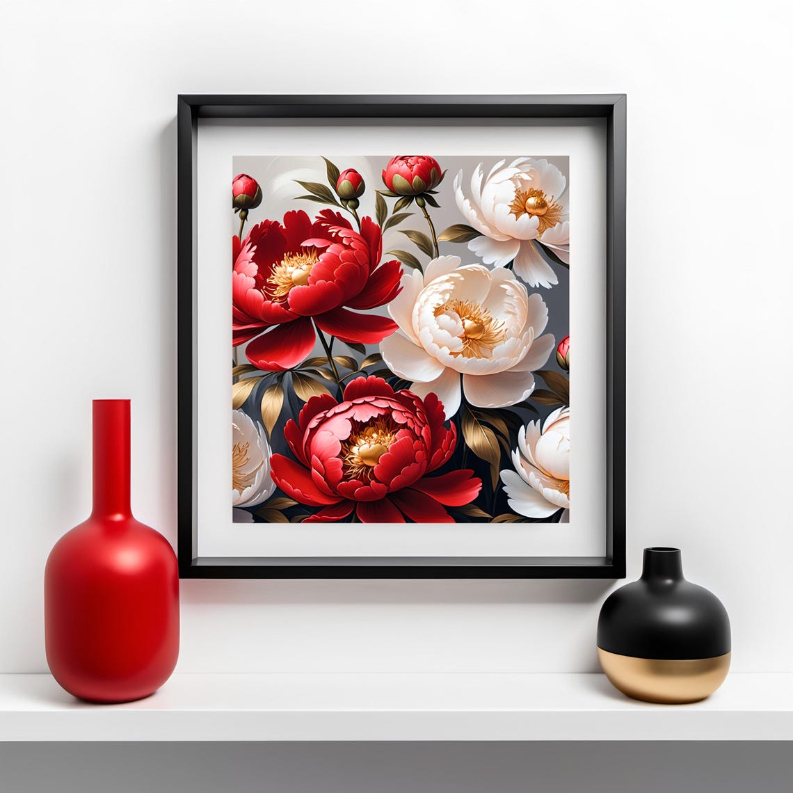Red White Peony Flowers Bold Botanical Lush Garden Bloom Art Poster - Image 2