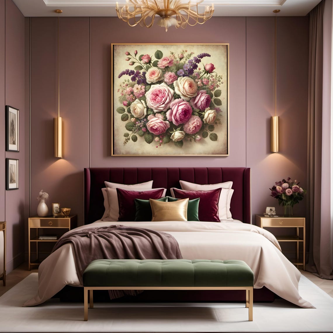 Vintage Pink Roses Violet Bouquet Antique Botanical Floral Poster - Image 2