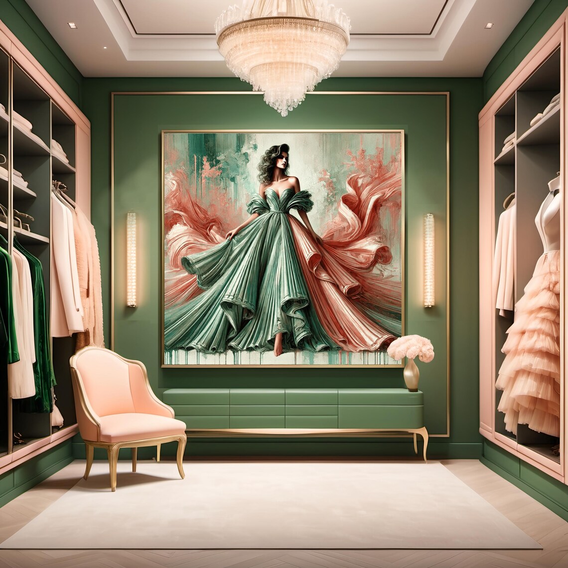 Sage Green Pleated Gown Silk Wings High Fashion Artistic Poster - Image 3
