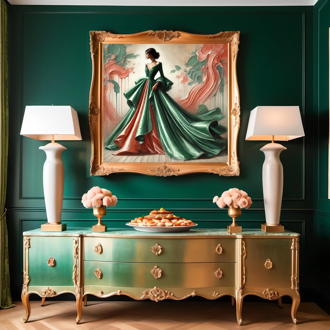 Emerald Green Satin Gown High Fashion Painterly Elegant Poster - Image 2