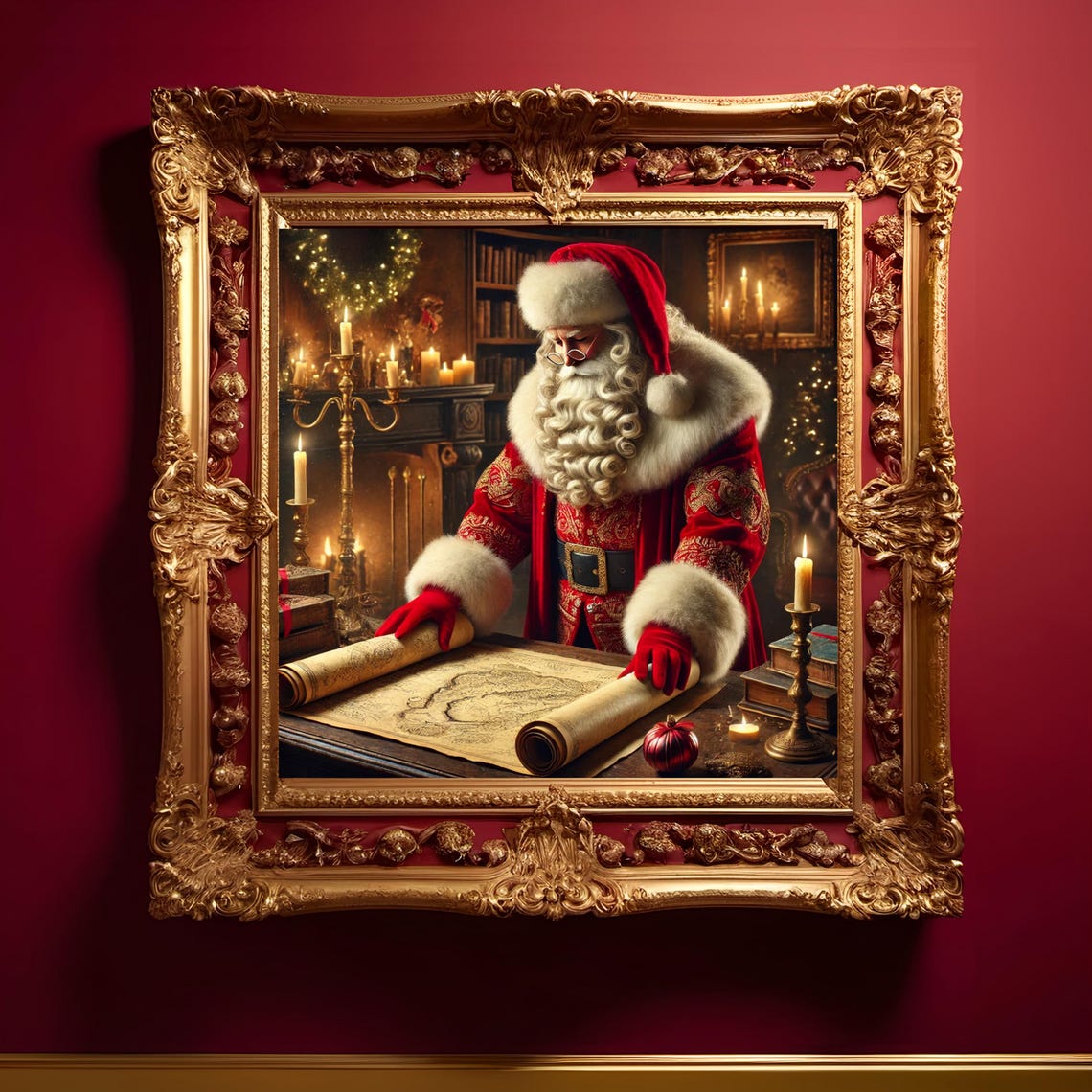 Santa Claus in His Study Antique Map Cozy Christmas Art Print - Image 3