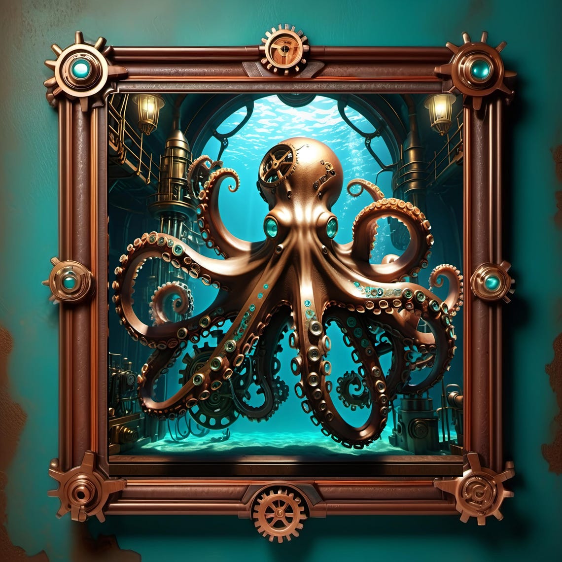 Steampunk Copper Octopus Deep Underwater In Vintage Submarine Print - Image 2