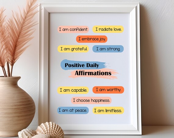 Positive Daily Affirmations Colorful Kids Mindfulness Wall Art