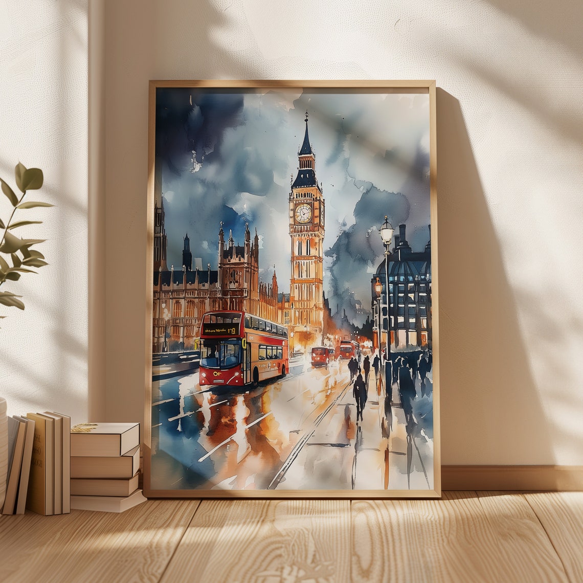 London Big Ben Watercolor Red Double Decker Bus Evening Poster - Image 3