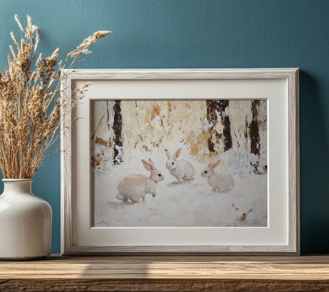Three White Rabbits Snowy Woodland Vintage Winter Wildlife Poster - Image 3