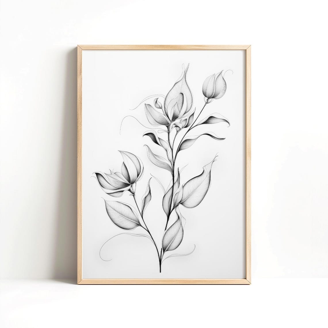Black And White Botanical Line Drawing Minimalist Floral Ink Poster