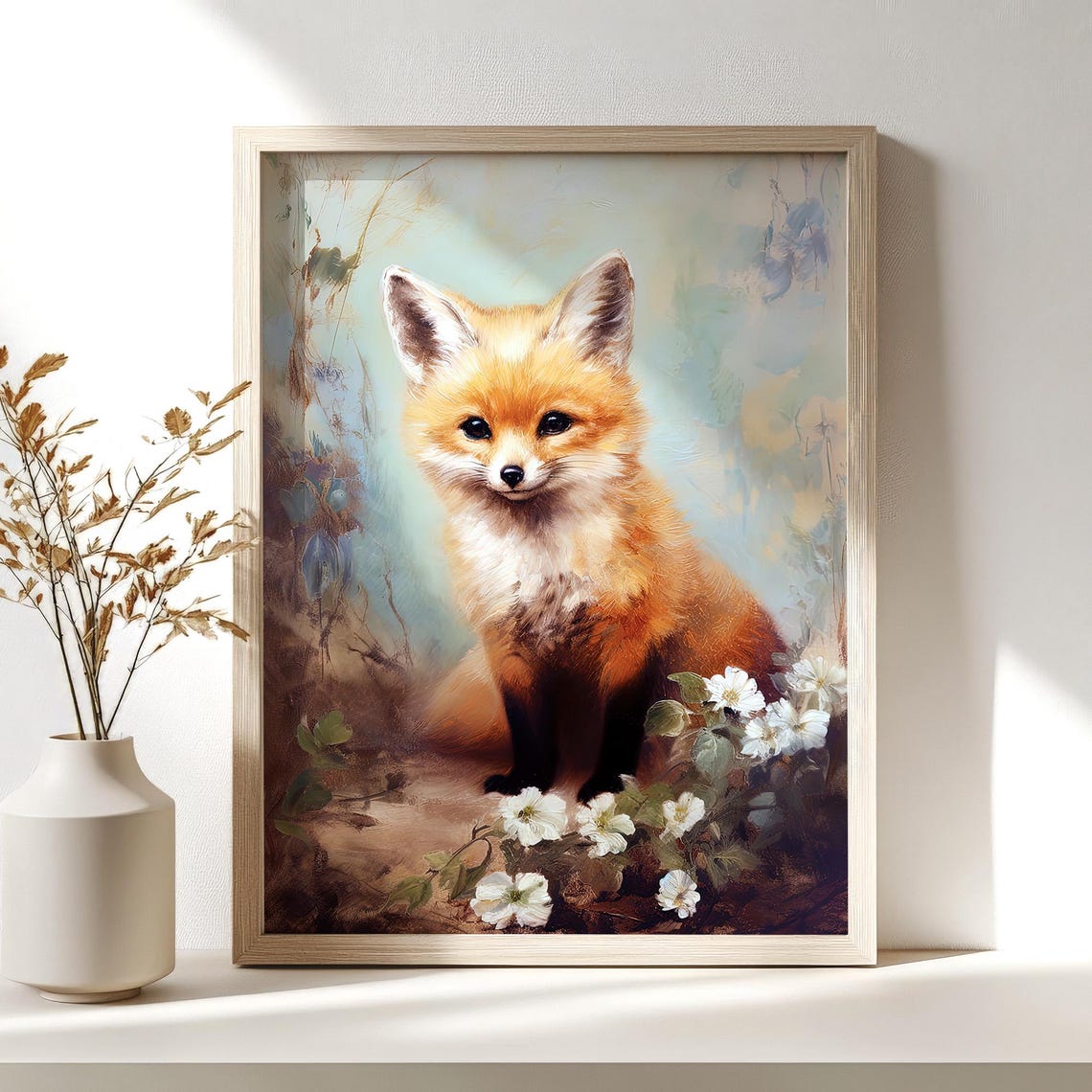 Baby Fox Kit Flower Painting Cute Woodland Nursery Wall Decor Poster - Image 3
