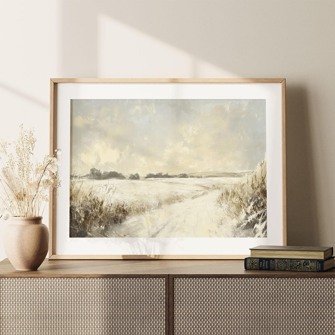 Snowy Winter Field Path Soft Monochrome Prairie Landscape Poster - Image 2