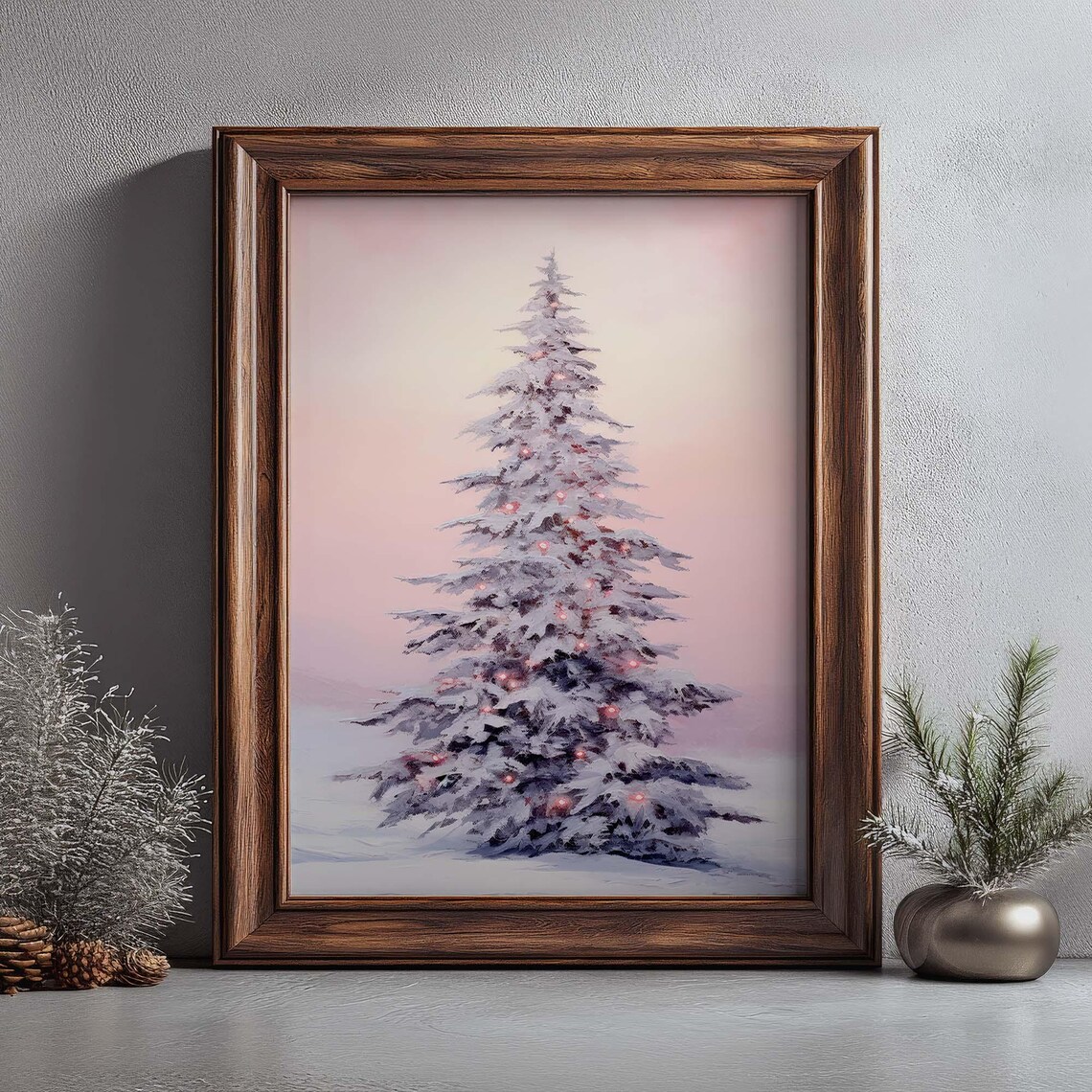 Snowy Christmas Tree Pink Sky Holiday Winter Wonderland Art Poster - Image 5