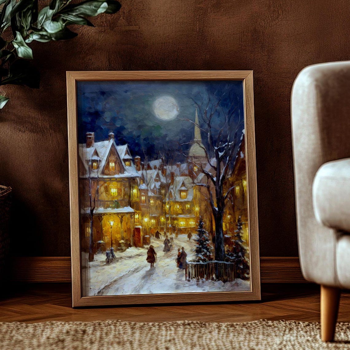 Moonlit Snowy Village Street Night Glowing Windows Church Art Poster - Image 2