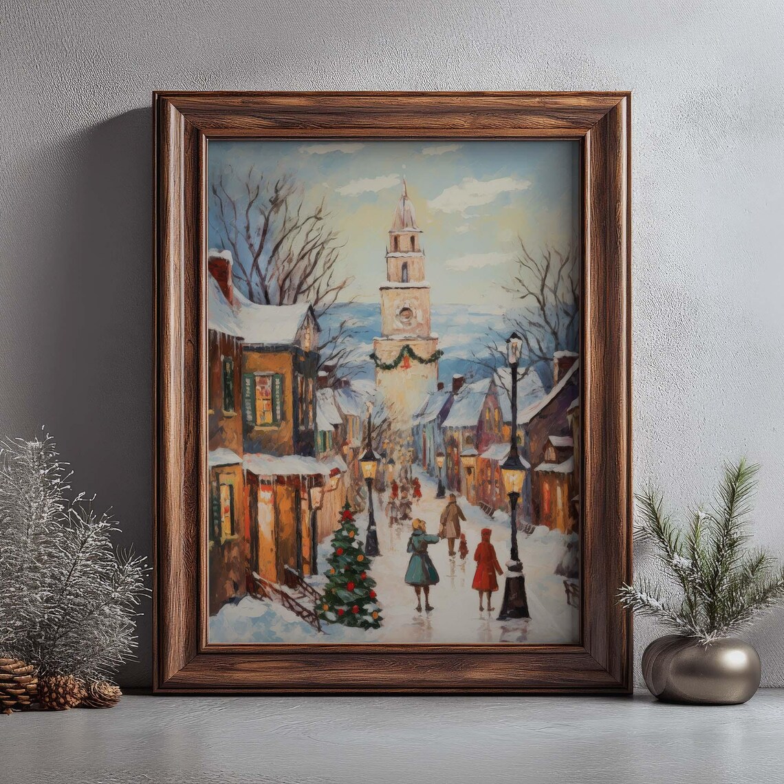 Festive Winter Town Street Clock Tower Christmas Village Art Poster - Image 3