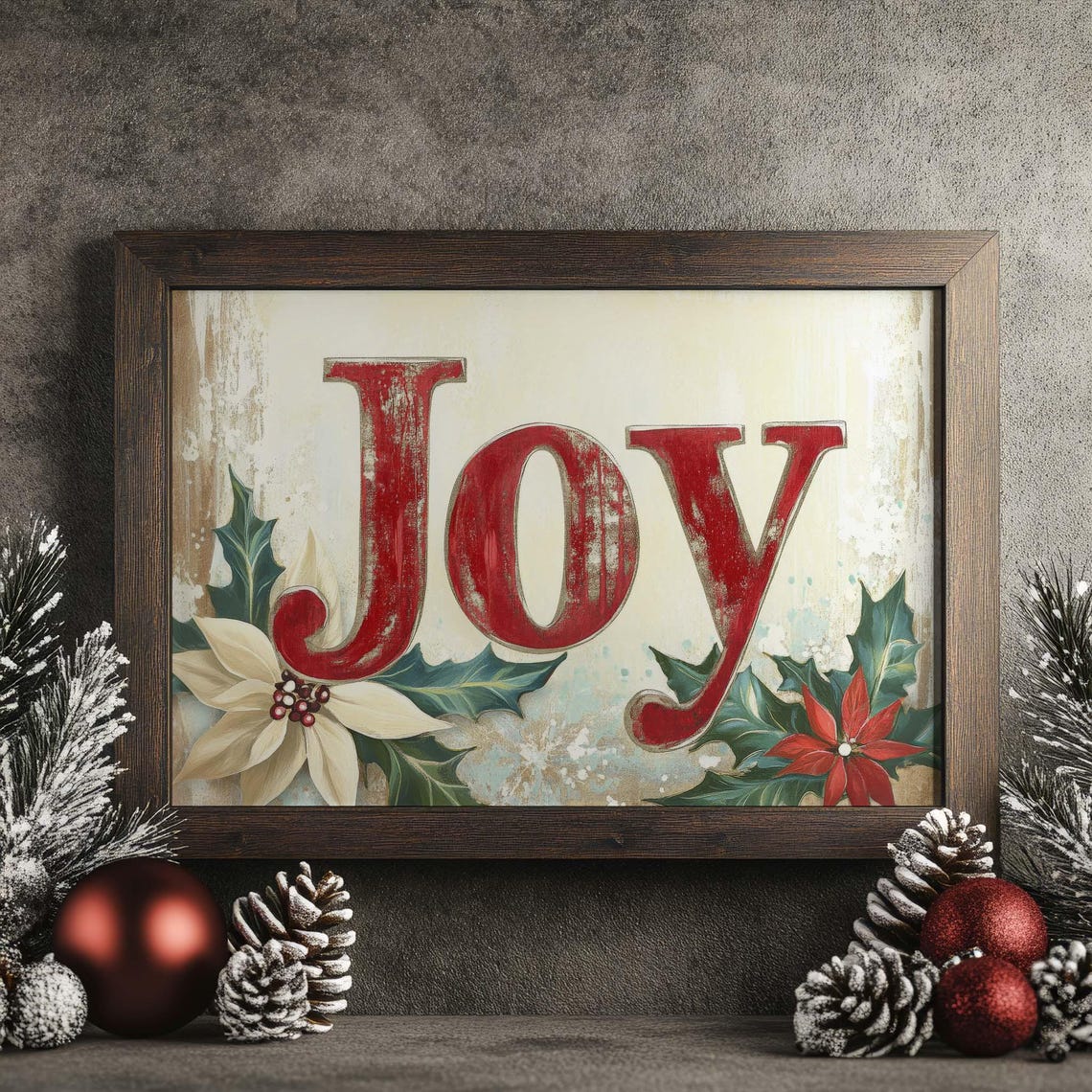 Vintage Red Joy Christmas Sign Poinsettia Holly Holiday Wall Poster - Image 4