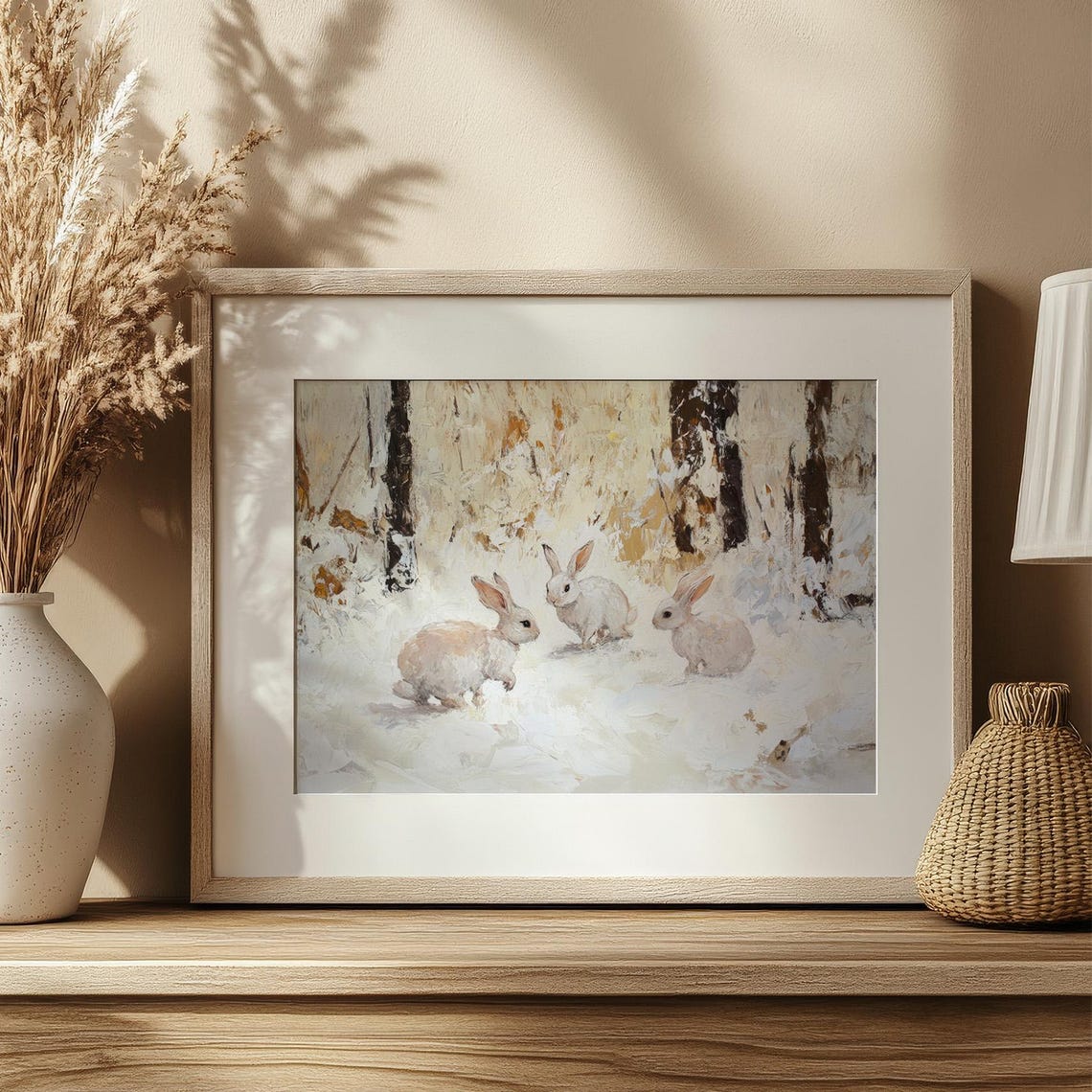 Three White Rabbits Snowy Woodland Vintage Winter Wildlife Poster - Image 2
