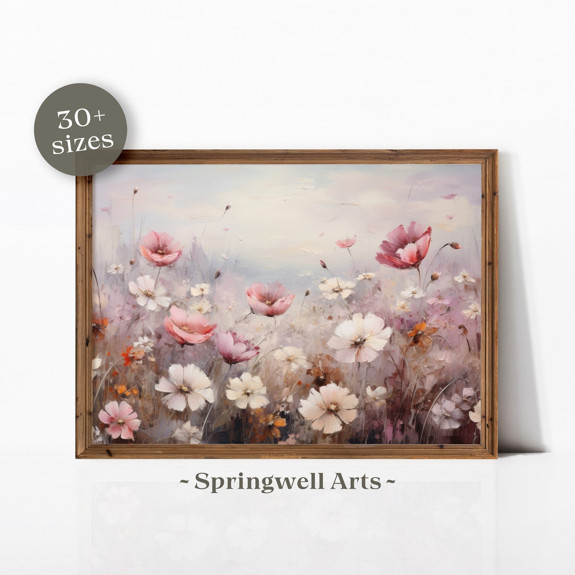 Pink White Wildflower Field Bloom Cosmos Poppies Spring Art Poster
