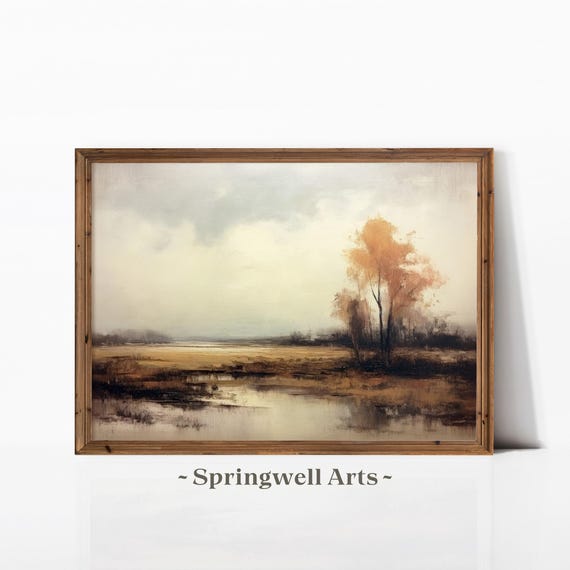 Autumn Lake Landscape Art Moody Impressionist Fall Tree Vintage Rustic Wall Decor Tranquil Nature Painting