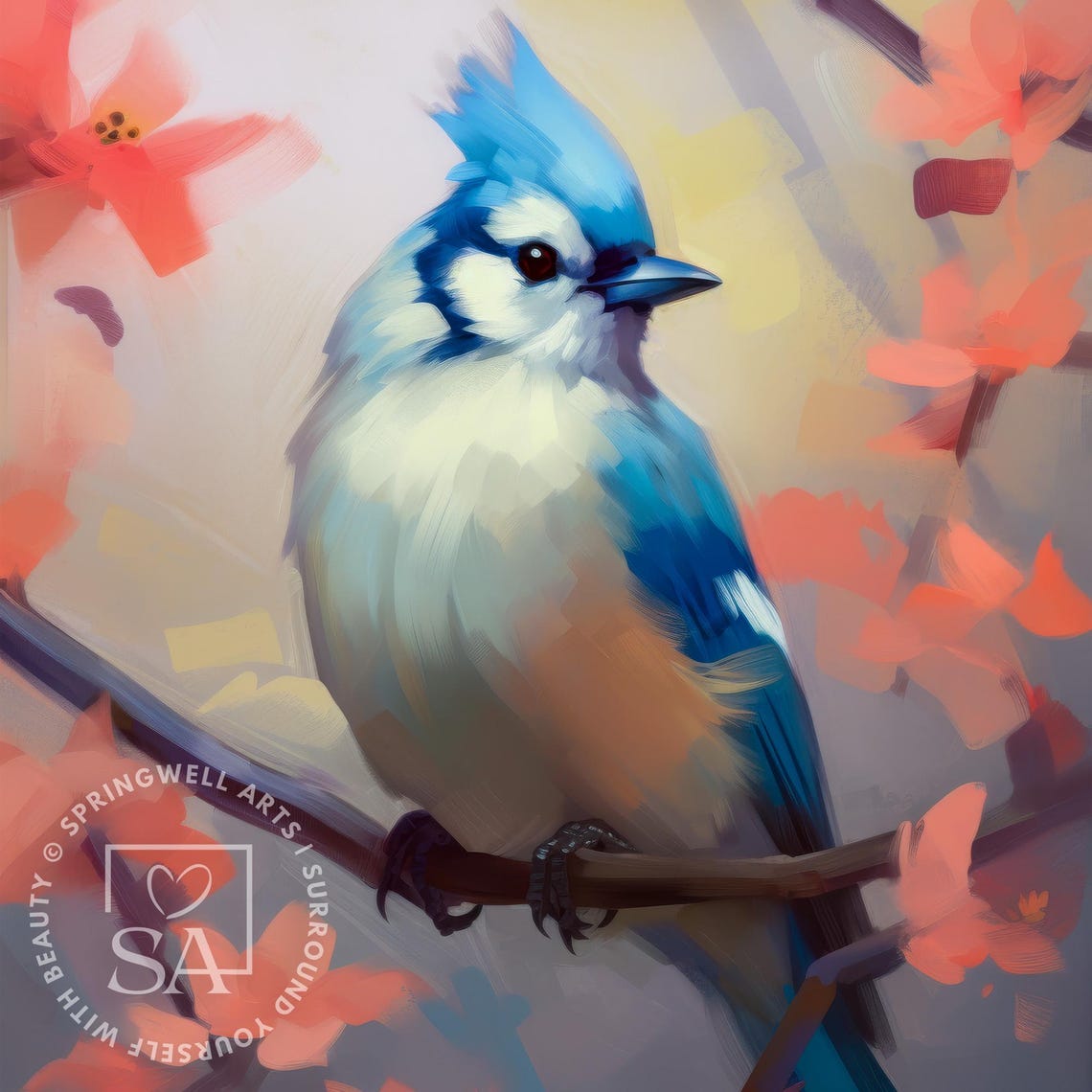 Blue Jay Bird Coral Blossom Branch Charming Spring Bird Art Poster - Image 5