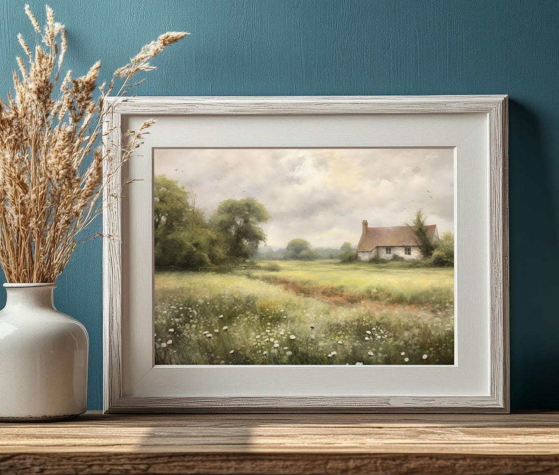White Farmhouse Daisy Meadow Serene Country Cottage Landscape Poster - Image 3