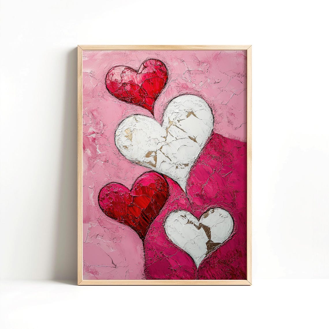Red and Pink Hearts Impasto Painting Valentine Love Wall Decor Poster