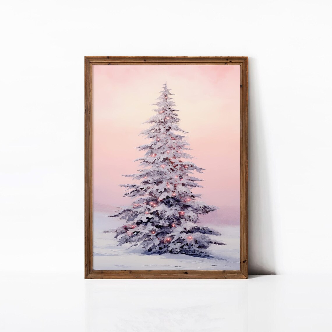 Snowy Christmas Tree Pink Sky Holiday Winter Wonderland Art Poster