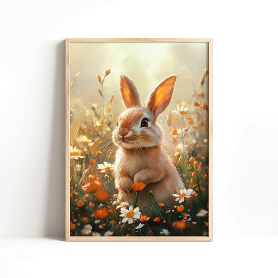 Cute Easter Bunny Print Spring Rabbit Poster Orange Wildflowers Nursery Kids Room Decor Instant Wall Art