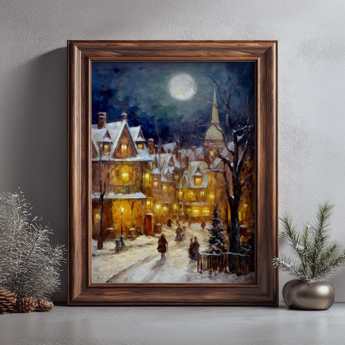 Moonlit Snowy Village Street Night Glowing Windows Church Art Poster - Image 4