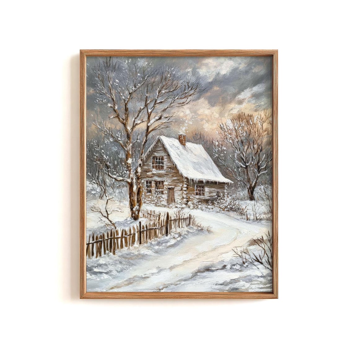 Snowy Cabin Winter Forest Cozy Rustic Dusk Landscape Art Poster