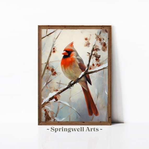 Red Cardinal Winter Snowy Branch Bird Painting Wildlife Art Poster