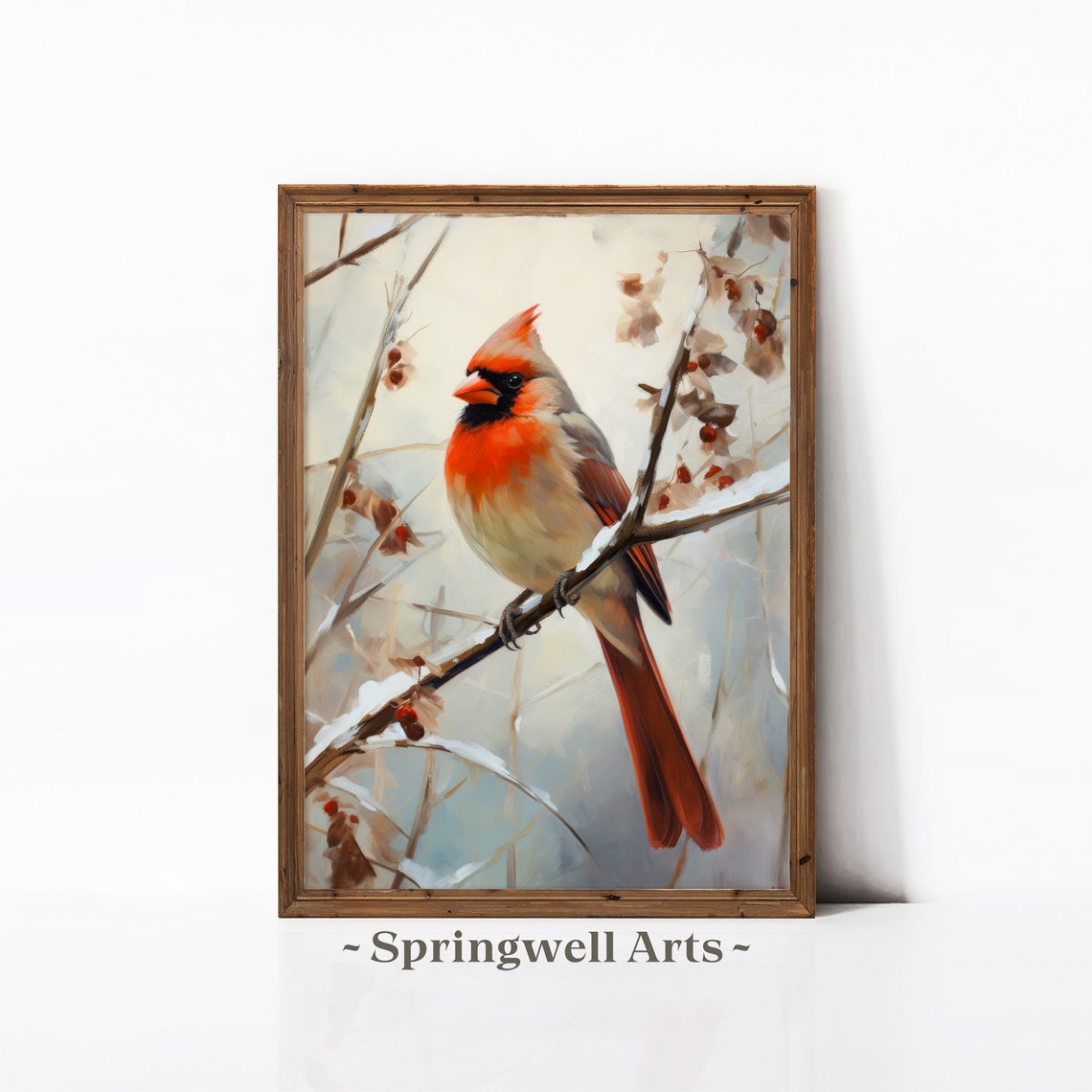 Red Cardinal Winter Snowy Branch Bird Painting Wildlife Art Poster
