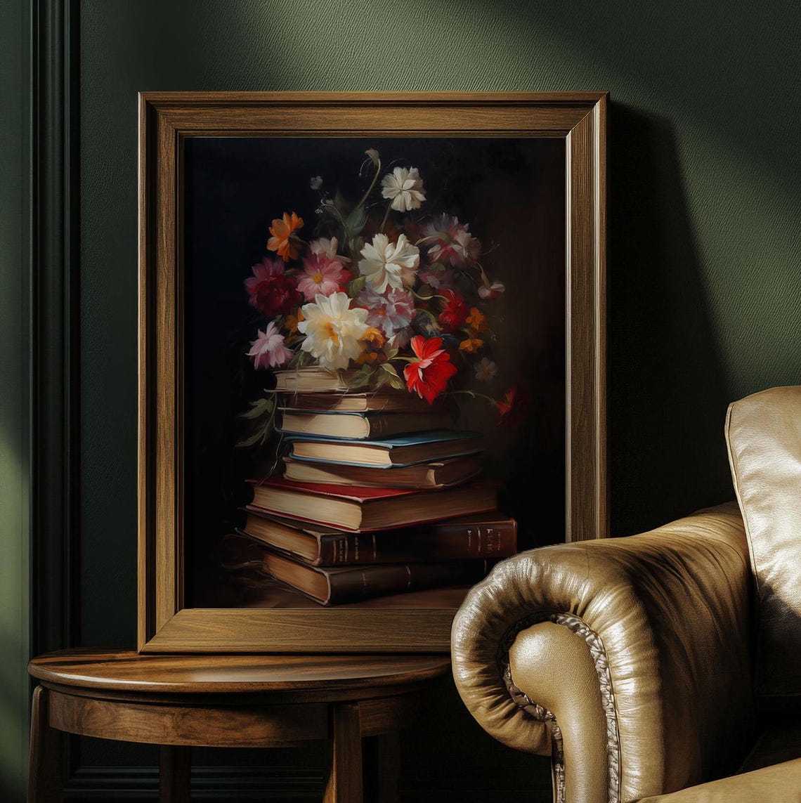 Moody Floral Still Life Flowers On Antique Book Stack Art Poster - Image 4