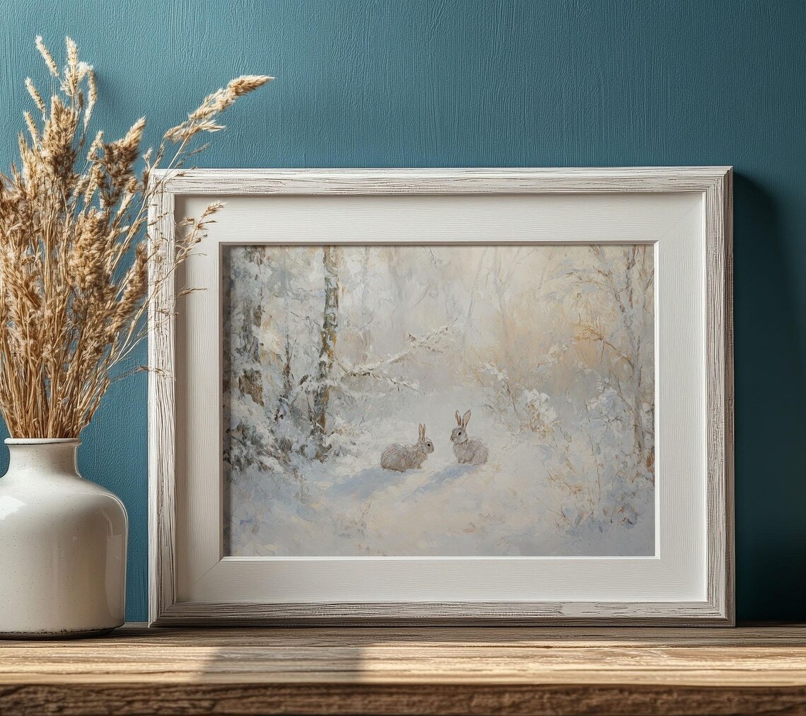Winter Bunny Rabbits Art Print, Vintage Rustic Farmhouse - Image 2
