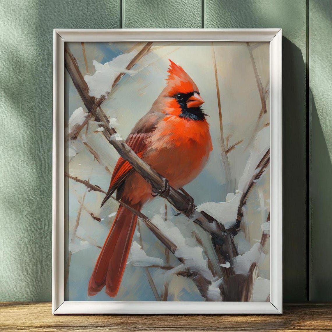 Red Cardinal Winter Snowy Branch Wildlife Bird Painting Art Poster - Image 4