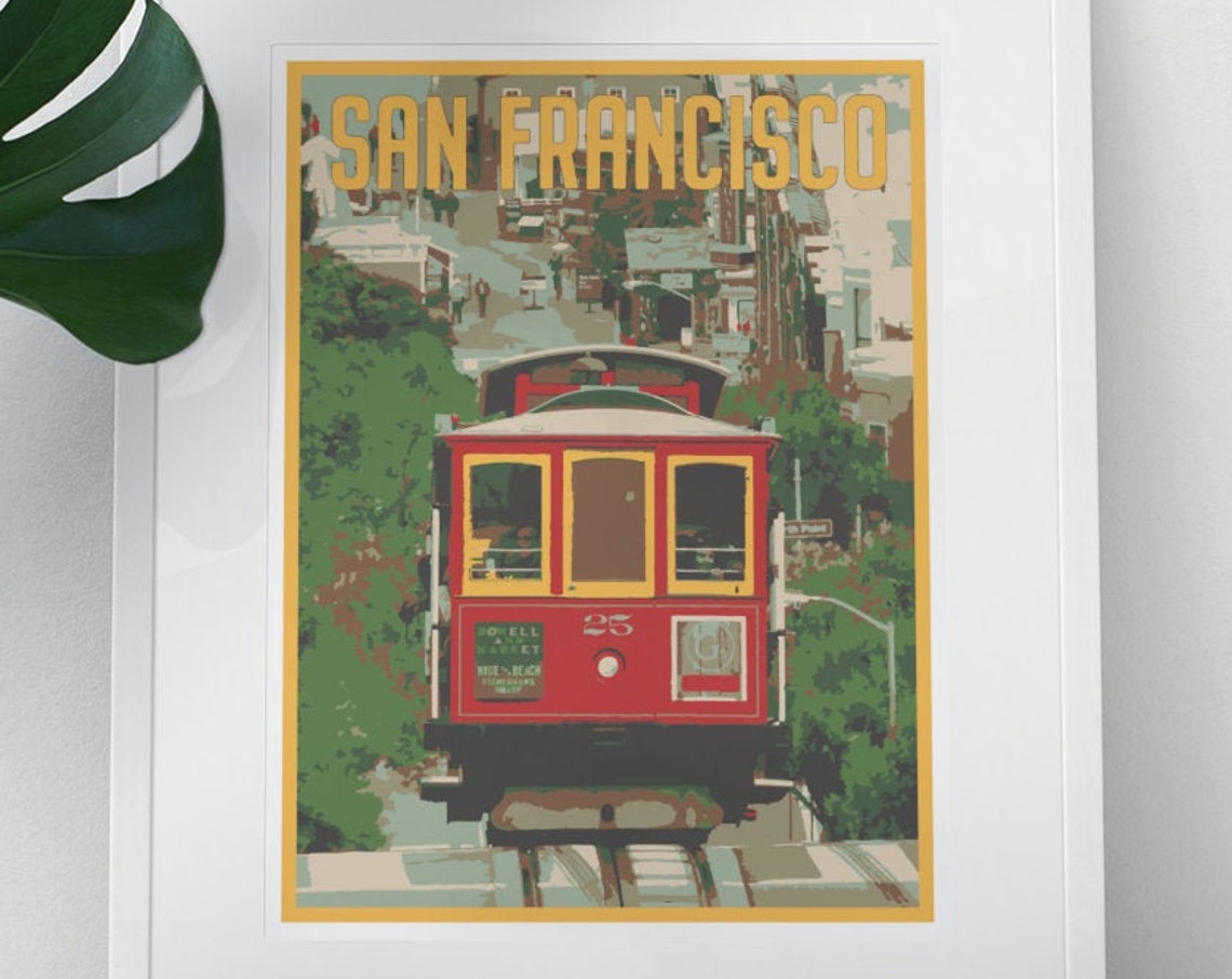 San Francisco Cable Car Powell Street Hill Vintage Travel Poster