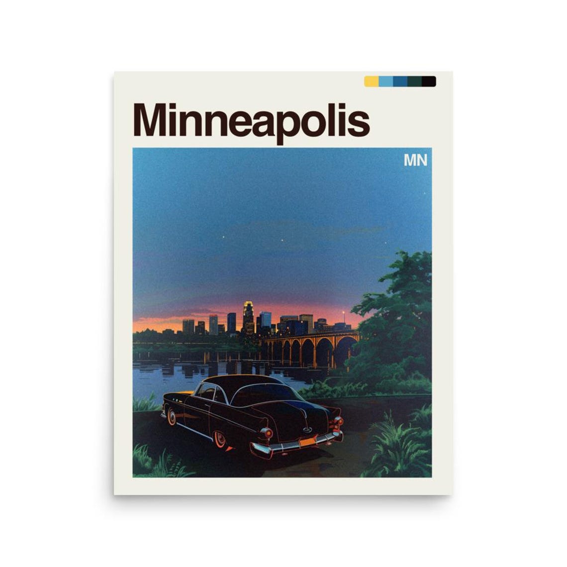 Minneapolis Minnesota Vintage Car River Sunset Skyline Poster