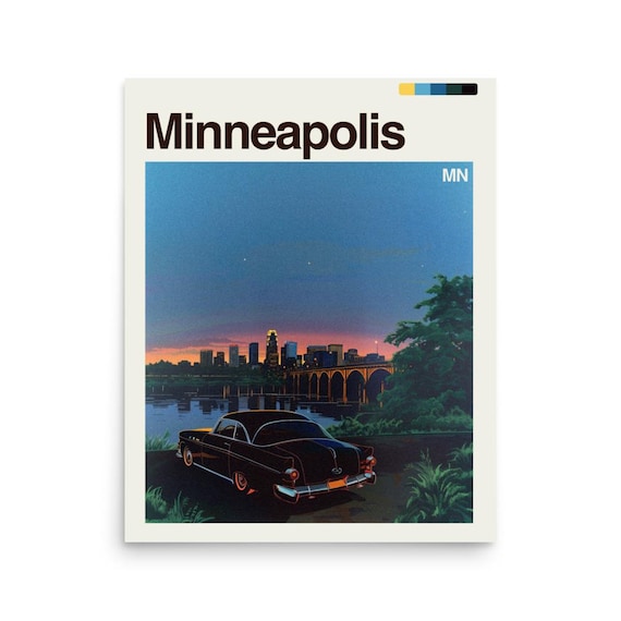 Minneapolis Minnesota Vintage Car River Sunset Skyline Poster