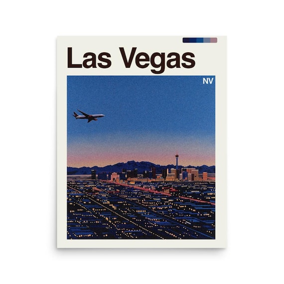 Las Vegas Night Skyline Airplane City Lights Nevada Travel Poster
