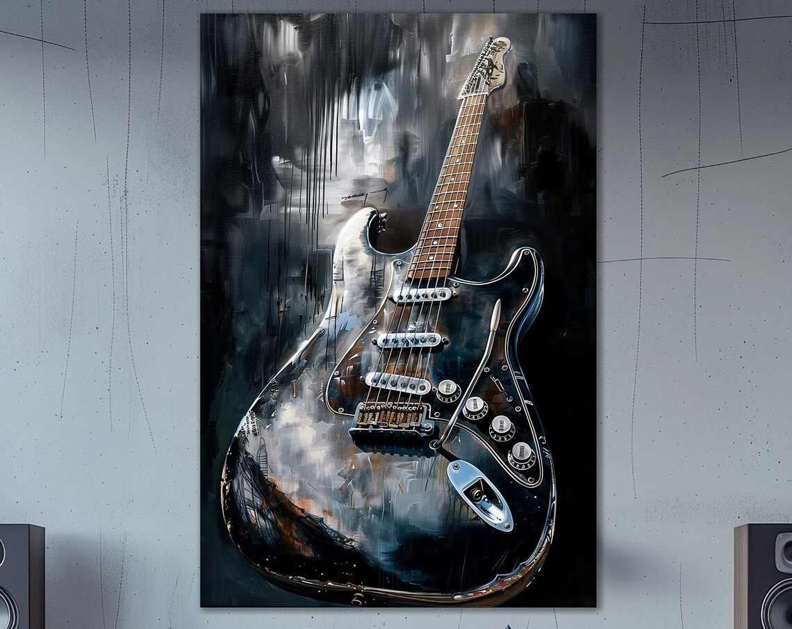 Black Electric Guitar Dark Moody Abstract Modern Music Wall Art Poster
