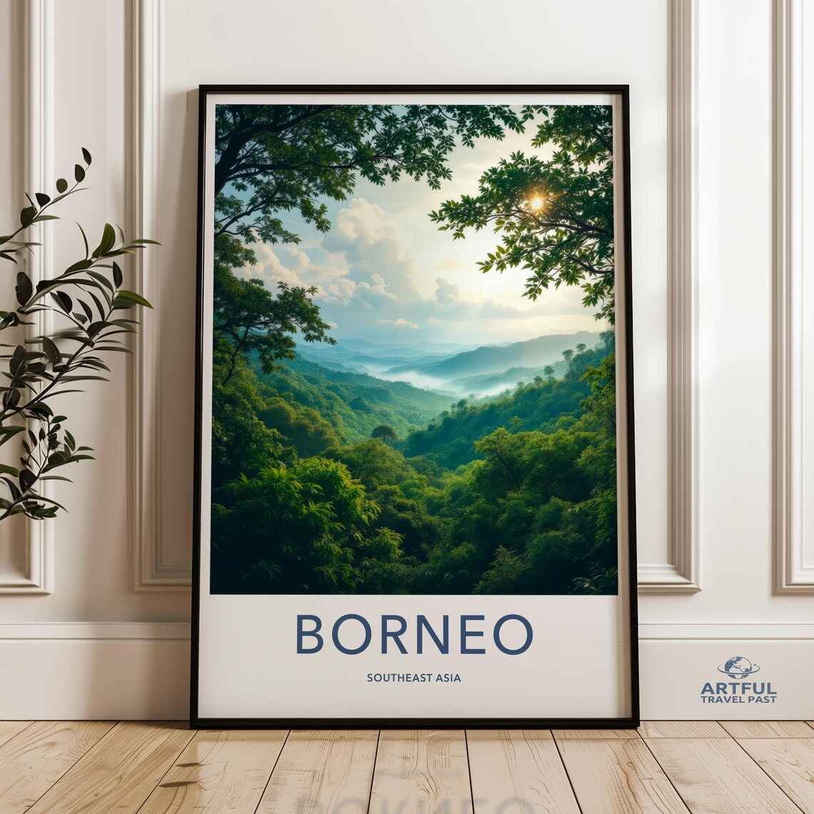Borneo Southeast Asia Lush Rainforest Misty Mountains Travel Poster