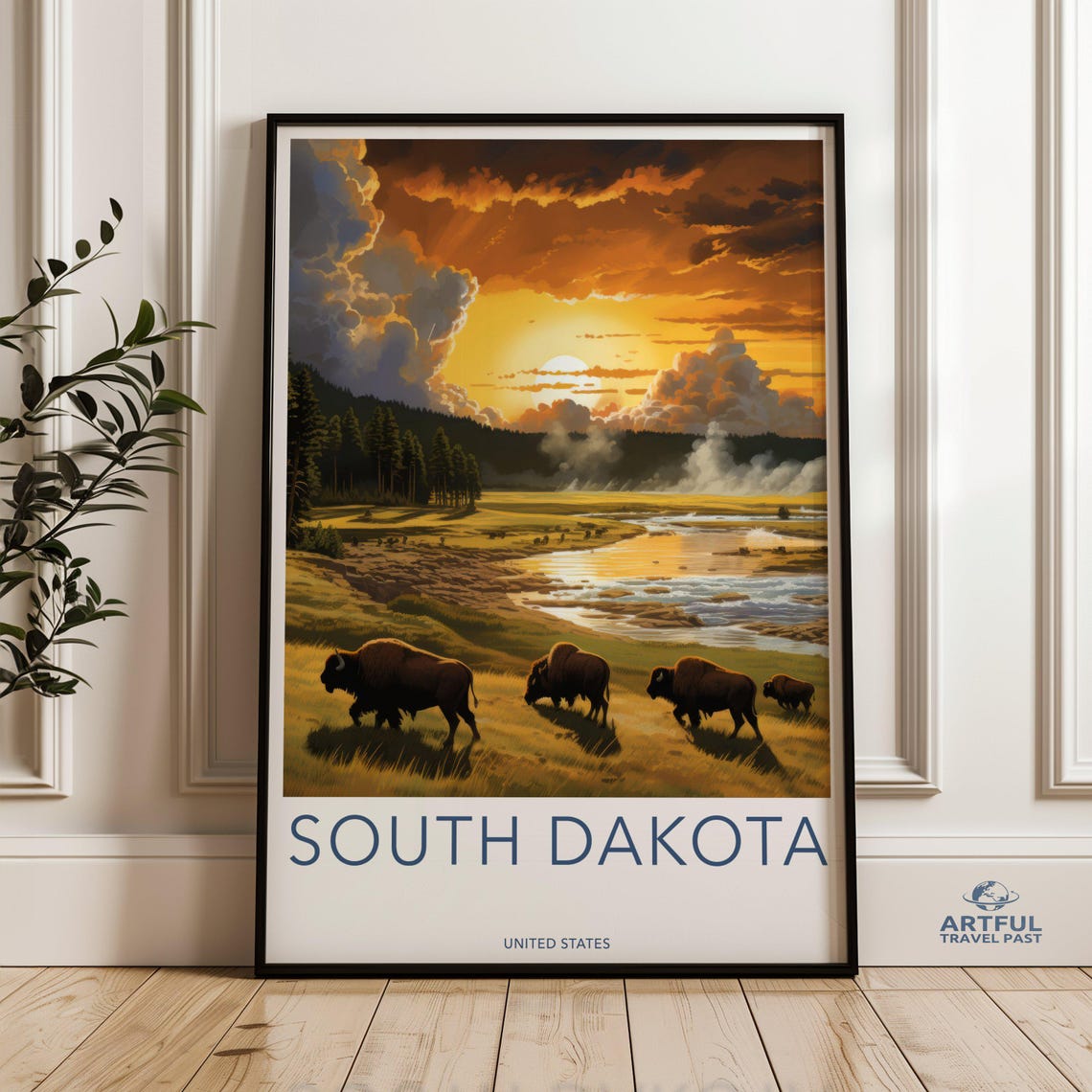 South Dakota Bison Sunset River Valley Vintage Wildlife Poster