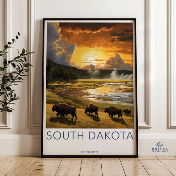 South Dakota Wall Art Beautiful Landscape Poster Nature Bison At Sunset Scenic Wildlife Print United States