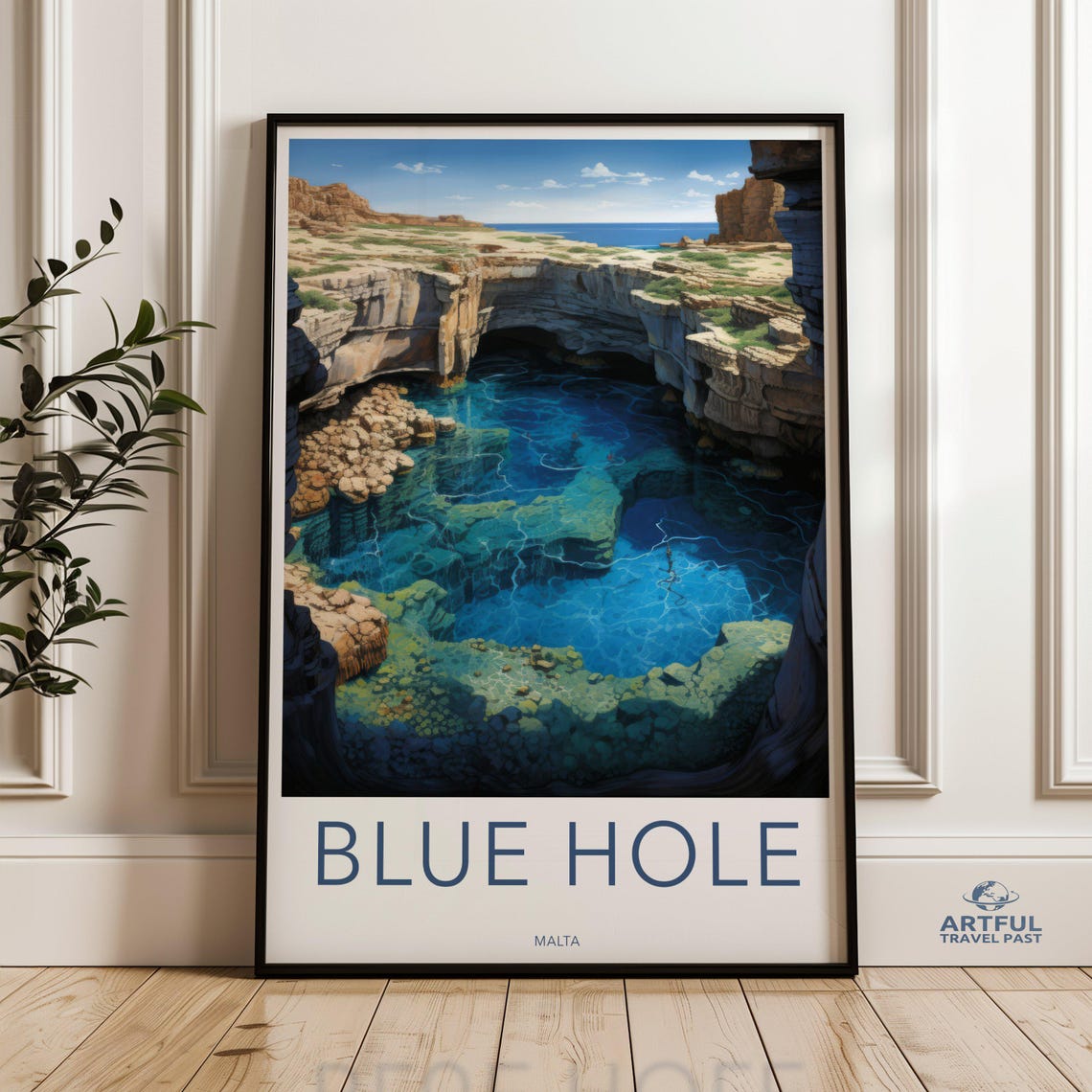 Blue Hole Malta Cliffs Turquoise Sea Diving Spot Travel Poster