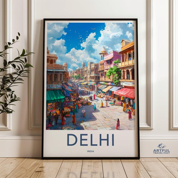 Delhi India Wall Art Cityscape Painting Market Scene Crowded Street Travel Colorful Building Print