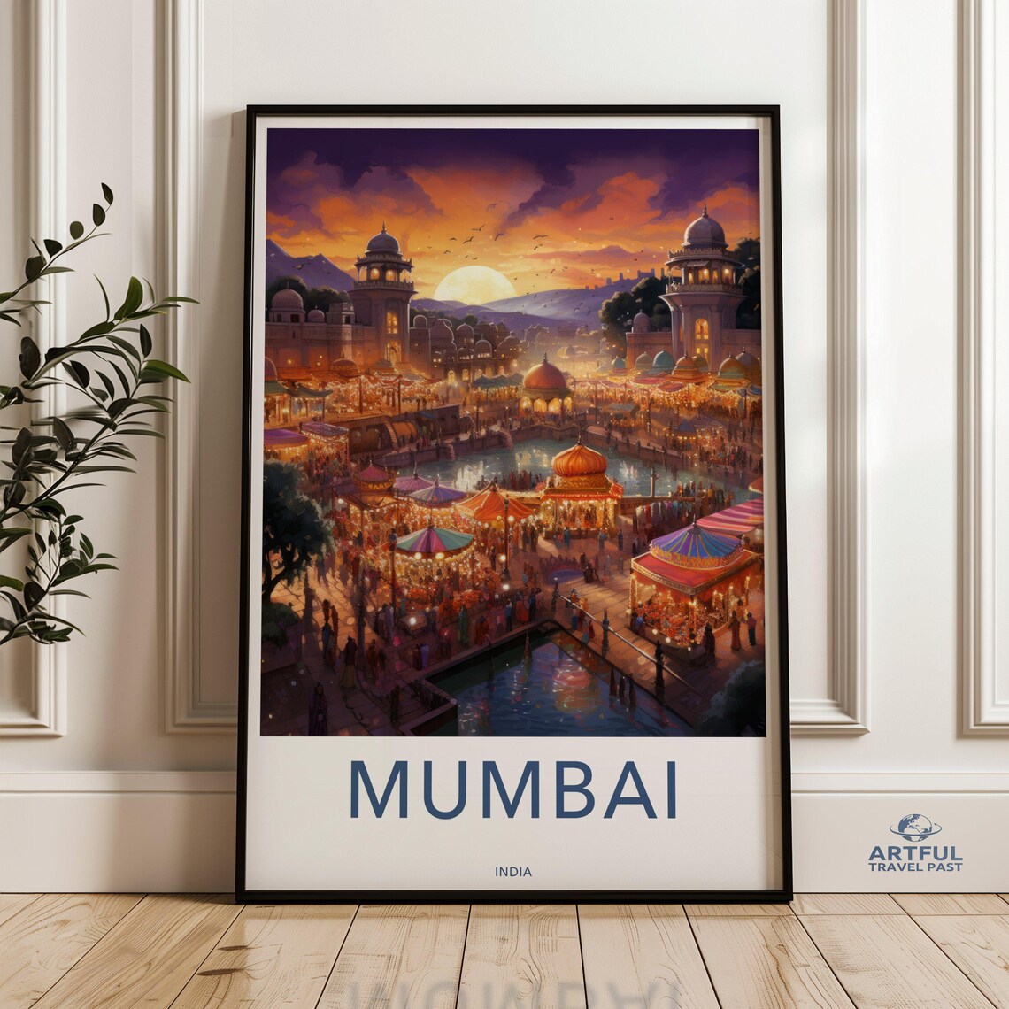 Mumbai India Sunset Festival Temples Crowded Bazaar Travel Poster