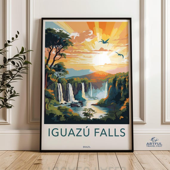 Iguazu Falls Wall Art Scenic Sunset Waterfall Print Brazil Nature Landscape Colorful Poster Home Decor Travel