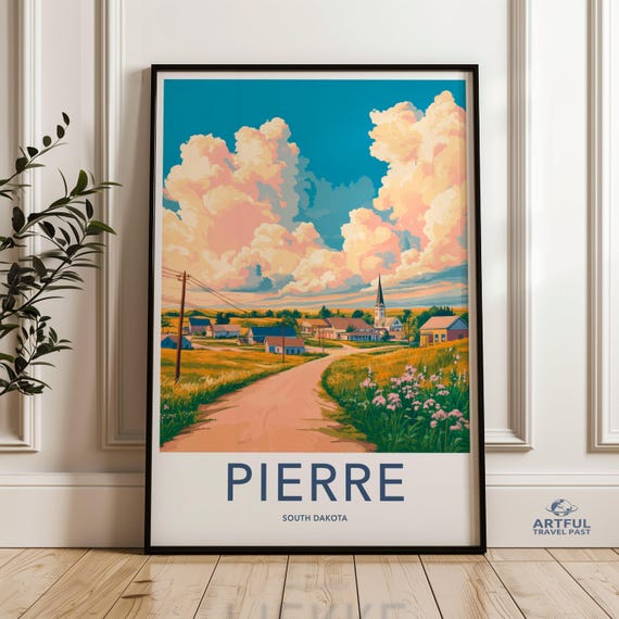 Pierre South Dakota Wall Art Vintage Travel Poster Print Retro Cityscape Artwork Scenic Decor