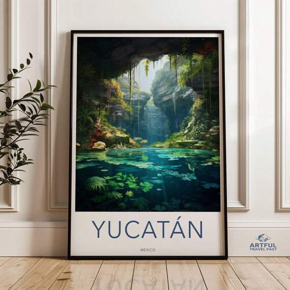 Yucatán Mexico Jungle Cenote Turquoise Lagoon Vintage Travel Poster