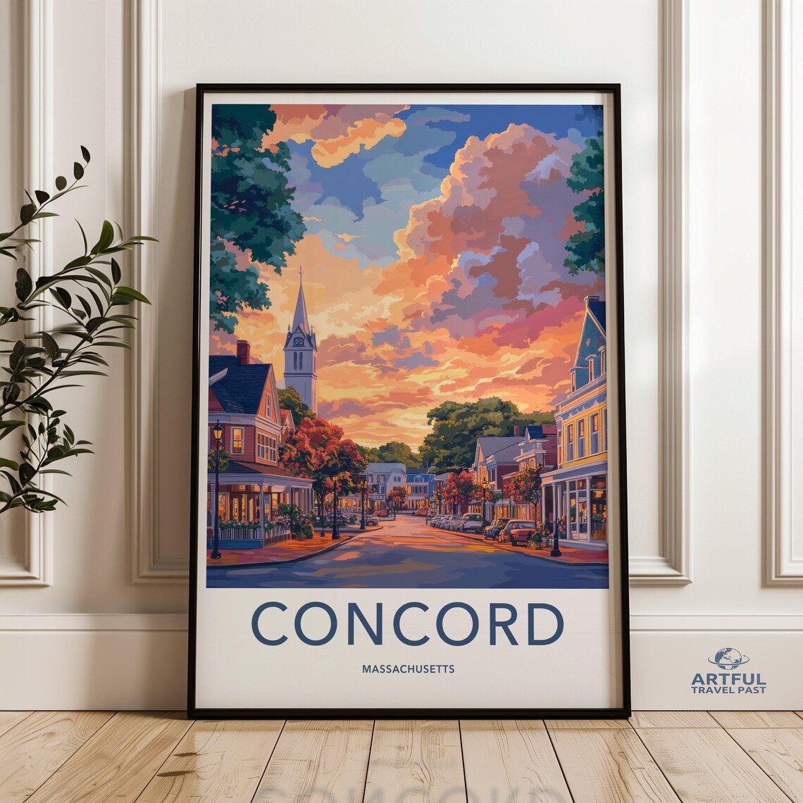 Concord Massachusetts Main Street Sunset New England Travel Poster