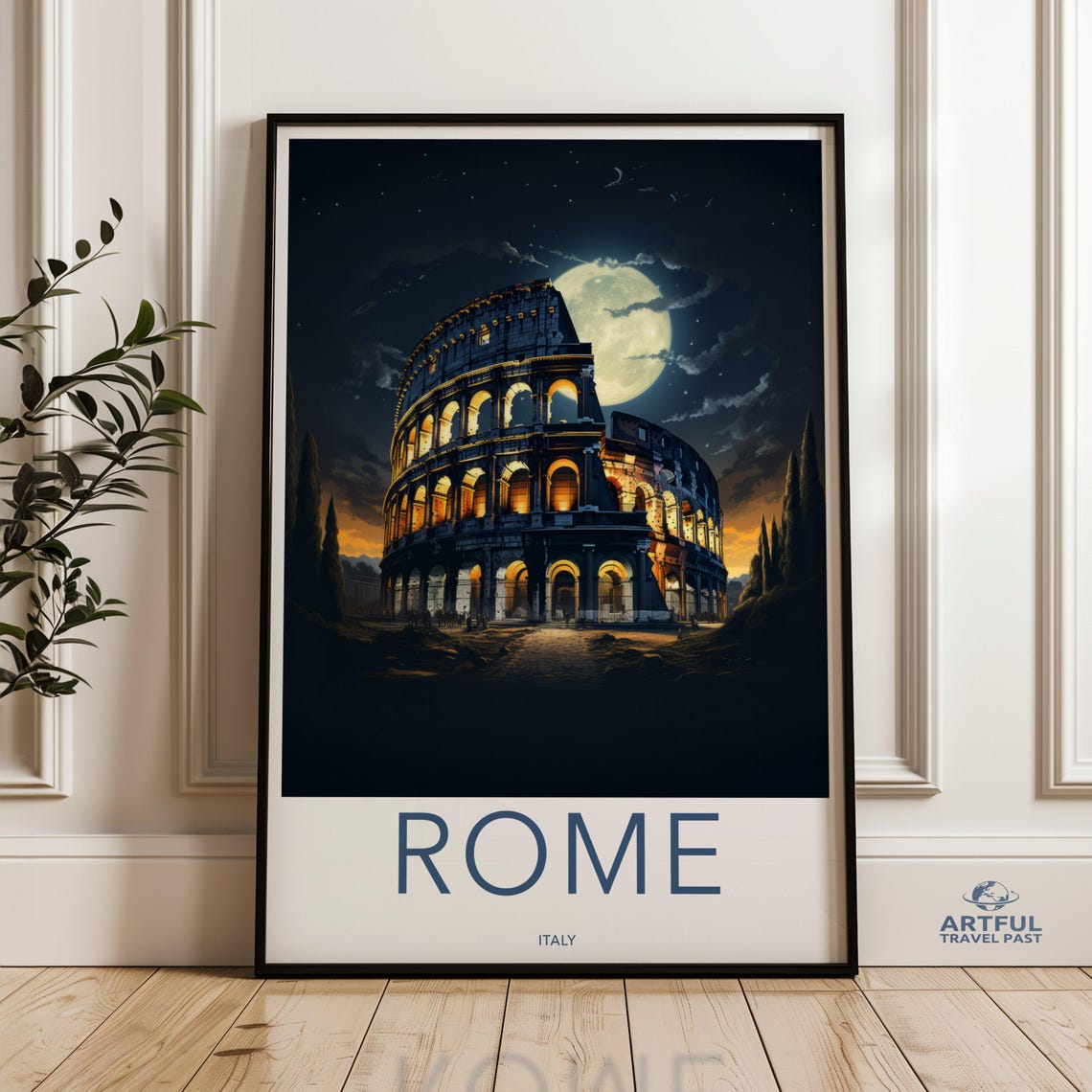 Rome Colosseum Night Poster Moonlit Ancient Landmark Under Full Moon
