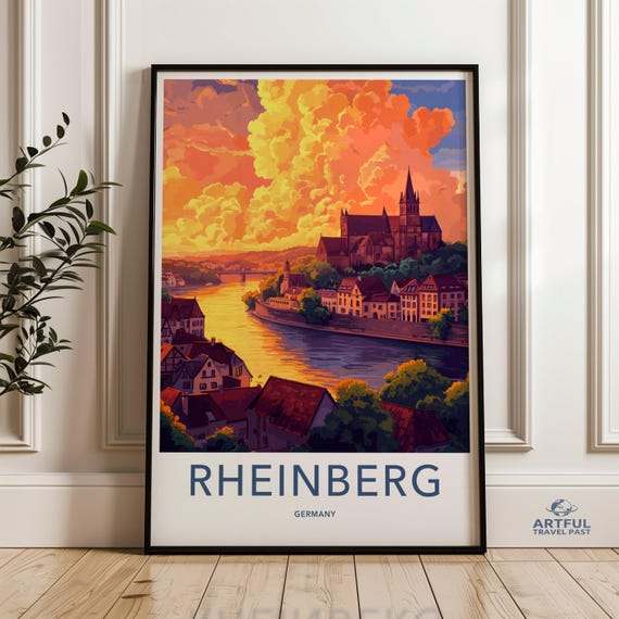 Sunset Over Rheinberg Germany Wall Art Colorful Landscape Print Scenic River View European Village Illustration Home Decor