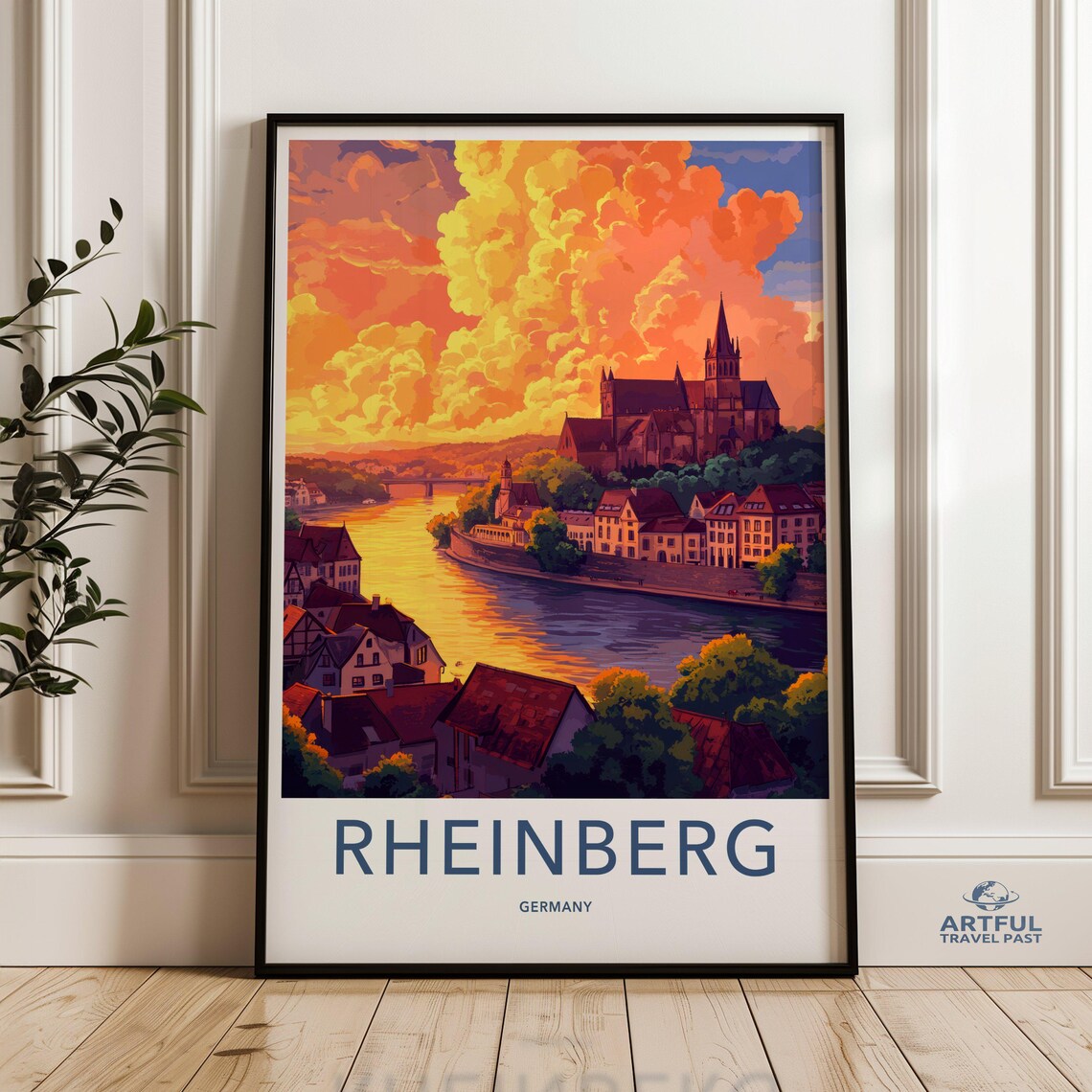Rheinberg Germany Sunset Travel Poster Cathedral River Scene Art