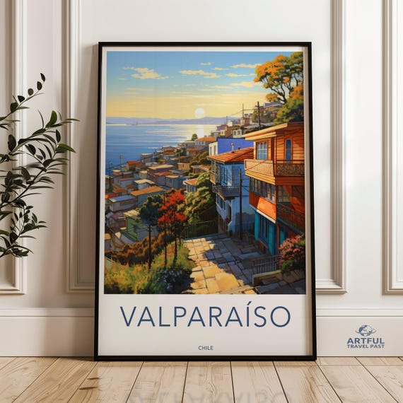 Valparaiso Chile Wall Art Sunset Over Colorful Hillside Houses Cultural Cityscape Print Coastal Decor Painting Travel Poster